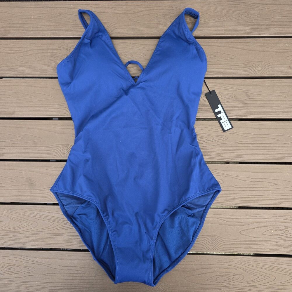 TA3 Plungy Navy Swimsuit 1 Piece Short Torso Corset Waist Swim Sz L NEW